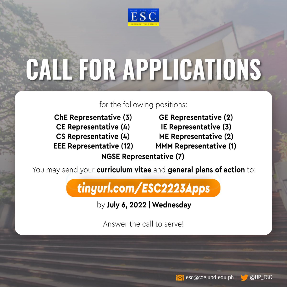 UP_ESC's tweet photo. [ESC 2223 CALL FOR APPLICATIONS]

Applications are open until JULY 6, 2022 | Wednesday.
Answer the call to serve!

You may view the complete details through this link:

https://t.co/dGJFqvcPsc https://t.co/eEOOKGxXsx