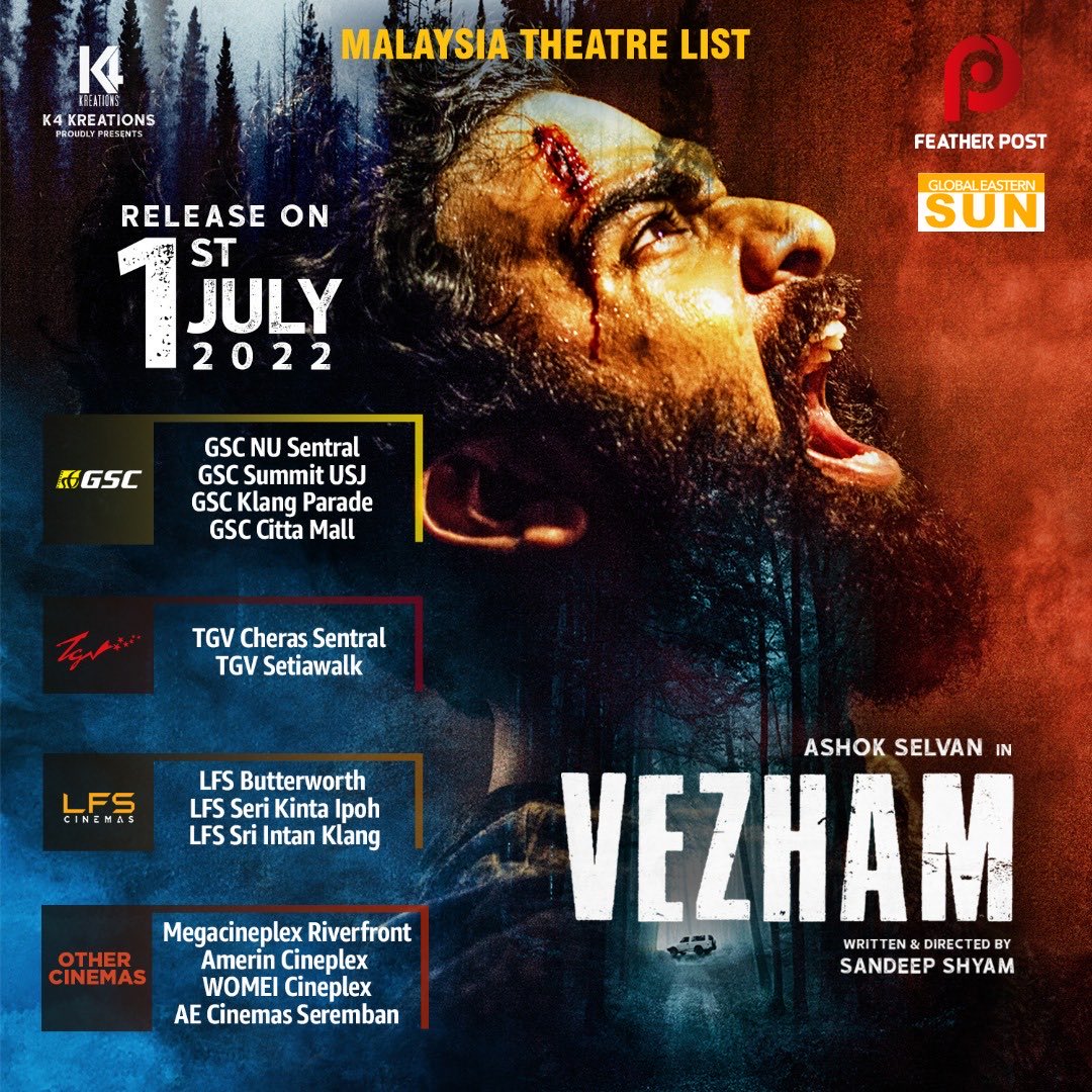 KollyBuzz's tweet photo. #Vezham is releasing on July 1 in Malaysia! #K4Kreations #Keseven @thespcinemas @sandeepshyam87 @ajaiactor @ShakthiArvind @pradeep_1123 @shakthisreeG @saravnkumardece
#VezhamInMalaysia #VezhamRunningSuccessfully https://t.co/T2CXQpWjg0