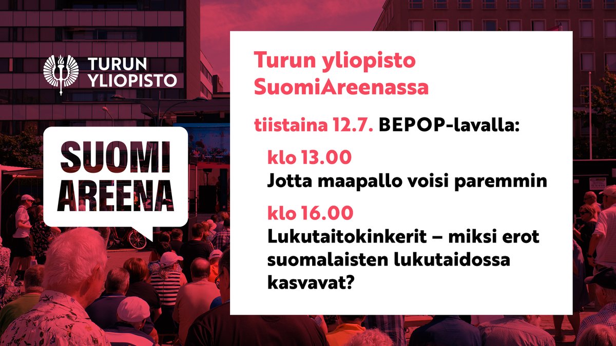 Luonnon monimuotoisuuden sekä lukutaidon pelastaminen aiheina UniTurku keskusteluissa <a href="/SuomiAreena/">SuomiAreena</a>'ssa. BEPOP-lavalla 12.7. klo 13 Luonnon rikastuttamisesta keskustelemassa <a href="/ilarisaaksjarvi/">Ilari E. Sääksjärvi</a> @juuraikko @hannusalmi <a href="/VilleNiinisto/">Ville Niinistö</a> , juontajana <a href="/NuppuStenros/">Nuppu Stenros</a>  
utu.fi/fi/ajankohtais…