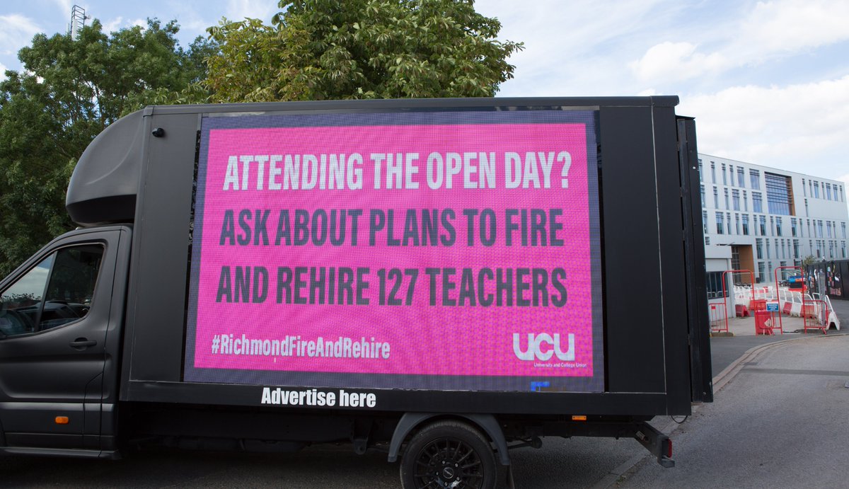 ucu's tweet photo. Staff and students were out in force at yesterday's rally against plans by @RuT_College to fire and rehire 127 members of teaching staff 📢

UCU members have voted to take 14 days strike action in August and September unless management think again ✊

#RichmondFireAndRehire https://t.co/ySp1b20yAm