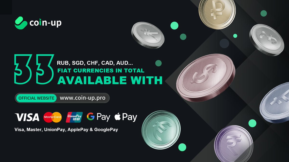 💚💚Visa, Master, UnionPay, ApplePay and GooglePay are now all supported on  purchasing USDT with RUB，SGD, CHF, CAD & AUD on CoinUp 🔍Visit “Fast  Trading” page, choose purchase amount of RUB, SGD, CHF,