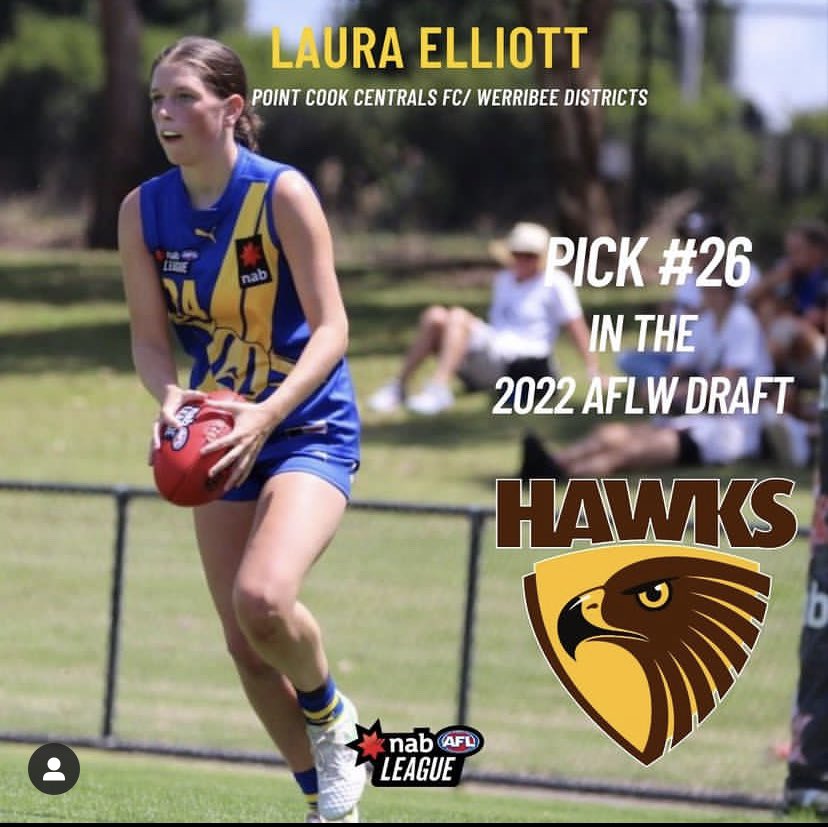 With Pick #26 in the 2022 <a href="/aflwomens/">AFL Women's</a> Draft @hawthornwomens have picked up our rock in defence.

The Point Cook Centrals product was a revelation in the @nableague in 2022 leading the league for intercept marks.

Can't wait to watch you clunking them in the brown and gold Laura!
