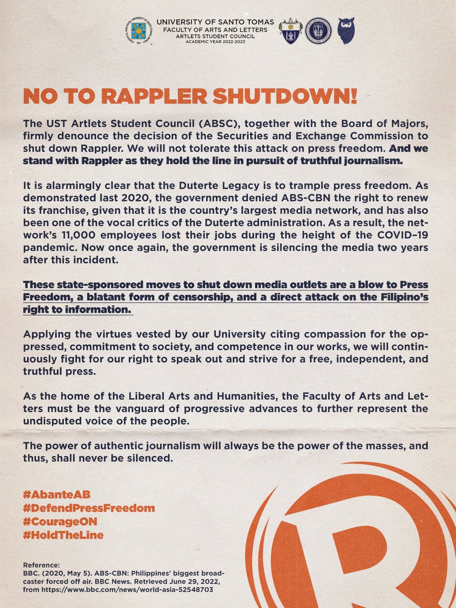 ust_absc's tweet photo. The UST Artlets Student Council (ABSC), together with the Board of Majors, firmly denounce the decision of the Securities and Exchange Commission to shut down Rappler. We stand with Rappler as they hold the line in pursuit of truthful journalism. 

#AbanteAB
#DefendPressFreedom https://t.co/tofFXvq36n