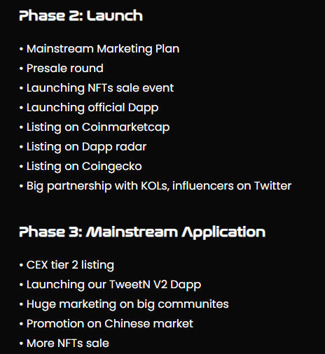Our RoadMap is composed of three phases that corresponds to marketing and development stages of our ecosystem.
Phase 2 to 3