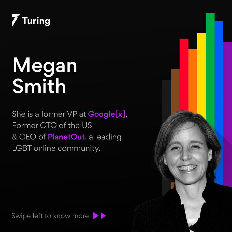 turingcom's tweet photo. Meet this weekโs #LGBTQ+ icon in STEM โ @smithmegan ๐
Megan served under President Obama as the CTO of the United States ๐
An entrepreneur & former VP at @Google, she is an inspiration to everyone in tech ๐
Swipe โ๏ธ to know more about her!
#PrideAtTuring #PrideMonth