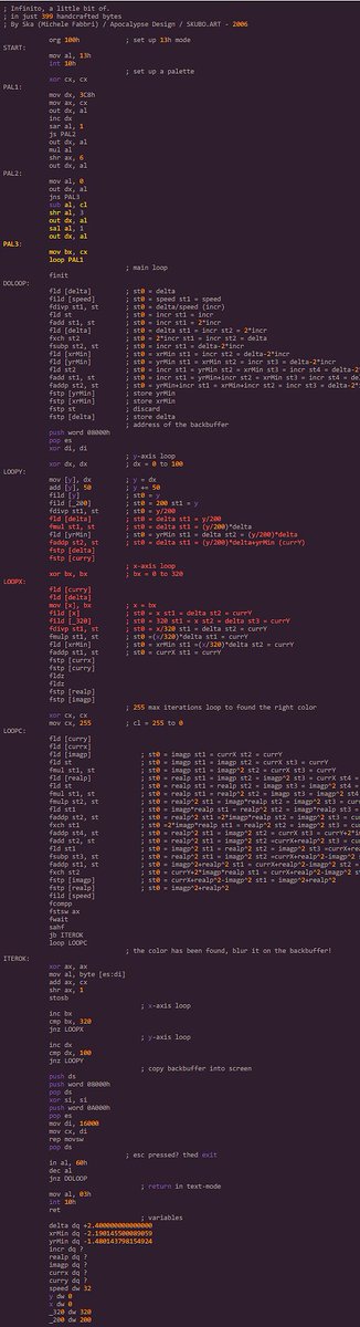 Thanks to your love, here is the source code of 'Infinito, a little bit of.' Pure assembly, directly from the 80s, in a modern fashion.

#generativeart #codeart #80s #fxhash