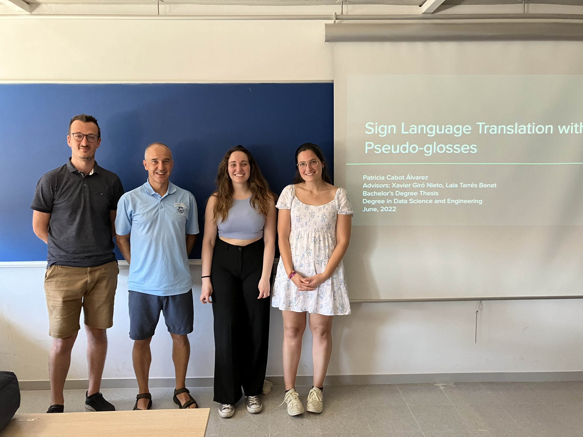 Patricia Cabot with her advisors Laia Tarrés, Gerard I. Gállego and Xavier Giró-i-Nieto.