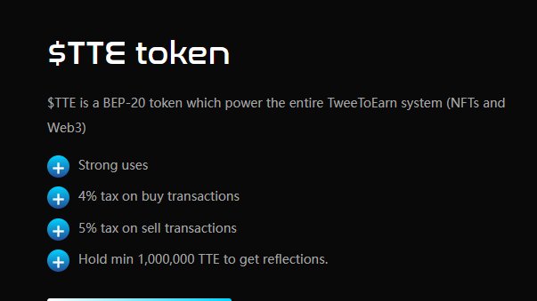 $TTE is a BEP-20 token which power the entire TweeToEarn system (NFTs and Web3)