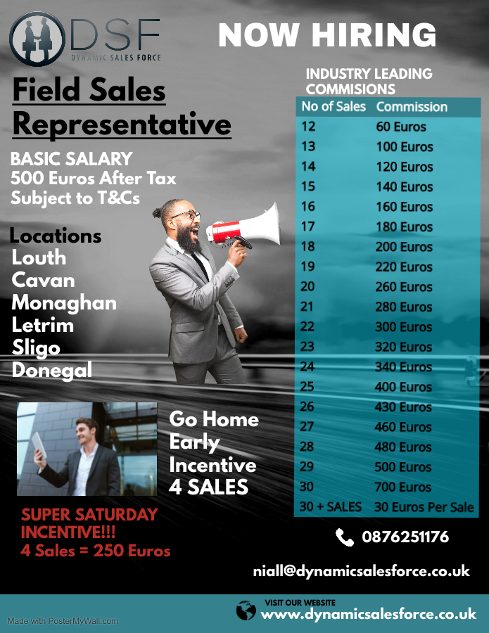 DynamicSalesFo1's tweet photo. Now Hiring Field Sales Representatives in:
Louth
Cavan
Monaghan 
Leitrim
Sligo
Donegal https://t.co/2hWXa6O8PP