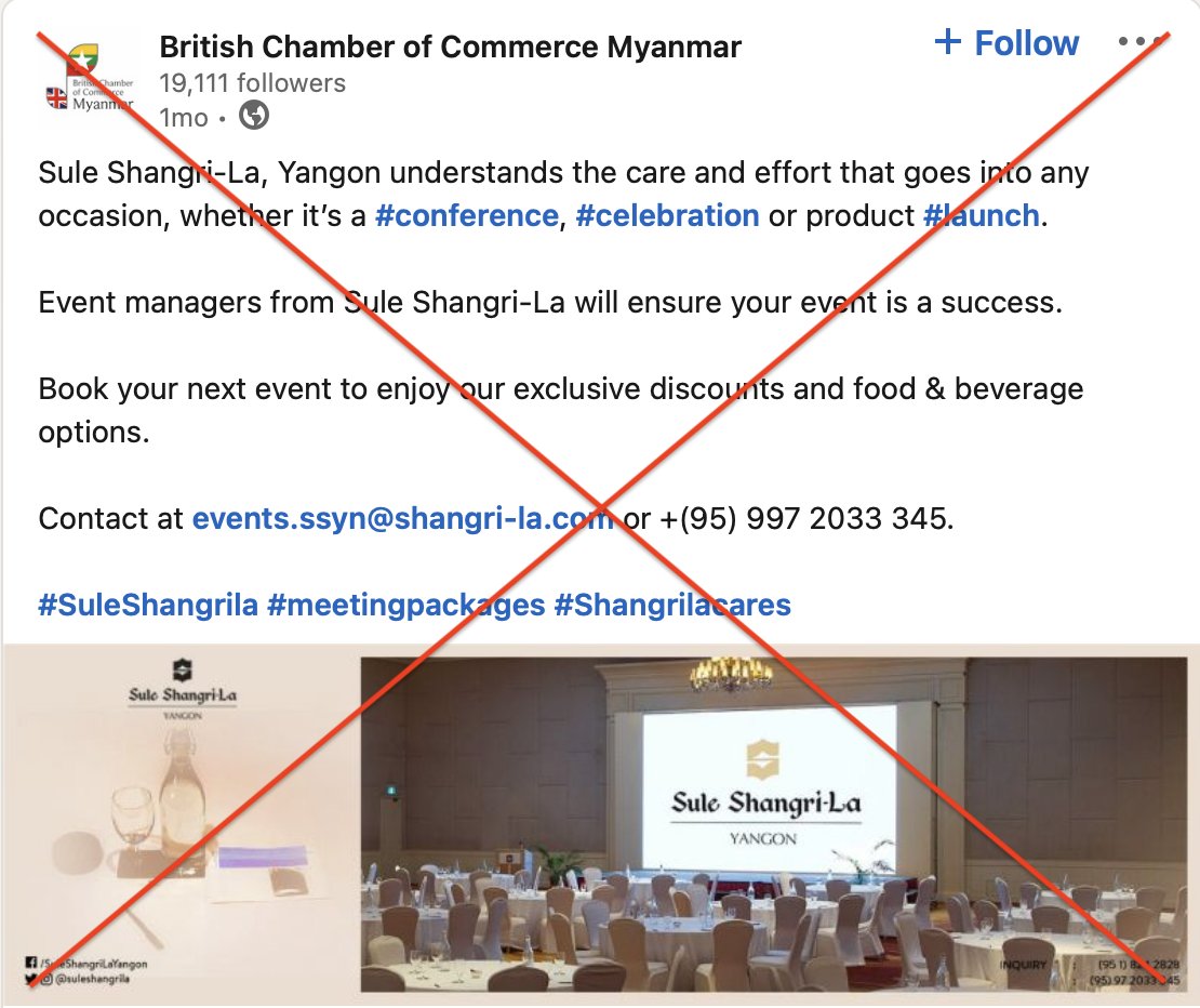 Justice For Myanmar (@justicemyanmar) on Twitter photo British Chamber of Commerce Myanmar promoting their member, <a href="/ShangriLaHotels/">Shangri-La</a>, a biz that leases land from #Myanmar army, complicit in military's atrocity crimes. Other military-linked British Chamber members incl. #LOTTE Hotels.
British Chamber: Cut ties w/ military-linked biz! British Chamber of Commerce Myanmar promoting their member, <a href="/ShangriLaHotels/">Shangri-La</a>, a biz that leases land from #Myanmar army, complicit in military's atrocity crimes. Other military-linked British Chamber members incl. #LOTTE Hotels.
British Chamber: Cut ties w/ military-linked biz!