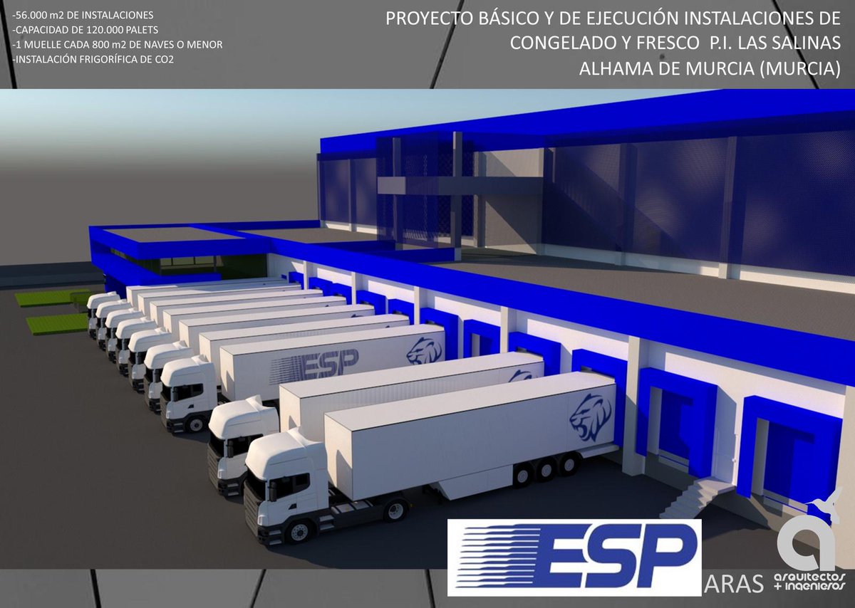 ESPSolutionsES's tweet photo. A finales de 2023 verá la luz, nuestro proyecto más deseado,ESP #Logistics #Fresh en #Alhama de Murcia. 56.000m2 de instalaciones, con capacidad 120.000 pallets y 120 muelles en 100.000 m2,  lo convertirán en uno de los centros logísticos de referencia.

#logística  #Murcia https://t.co/77AIqbS4cT