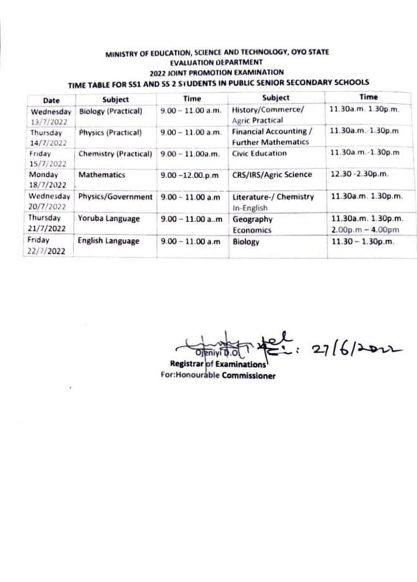 OJCAAFFAIRS's tweet photo. #2022 JOINT PROMOTION EXAMINATION:

TimeTable For SS1 And SS2 Students In Public Senior Secondary Schools. https://t.co/xcc9QIyY85