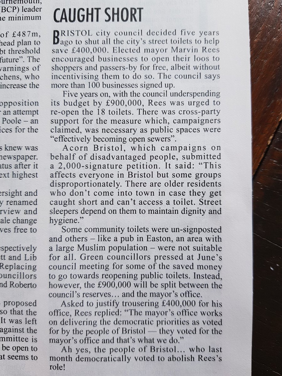 AlexGSeabrook's tweet image. Nice to see this story I originally reported on earlier this month get picked up by the Private Eye, about Bristol City Council's spare £900k going to reserves and the mayor's office instead of public loos and parks
