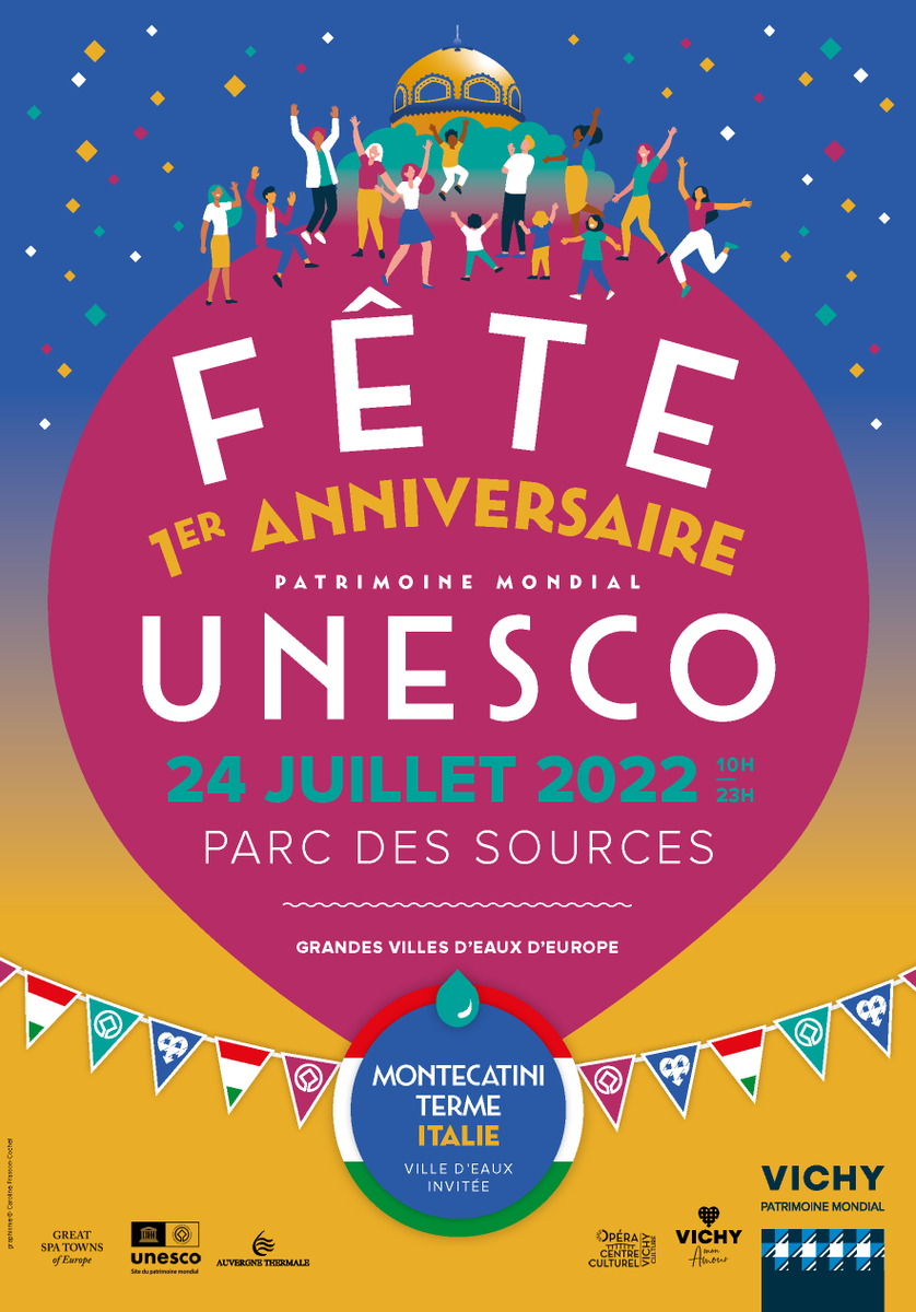[#UNESCO] 🎉 Un an déjà ! La Ville de Vichy célèbrera son inscription au patrimoine mondial de l'@unesco avec les 10 autres Grandes villes d’eaux d’Europe. La ville thermale italienne de Montecatini Terme sera mise à l’honneur. 
🗓 RDV le 24/07 pour ce premier anniversaire.