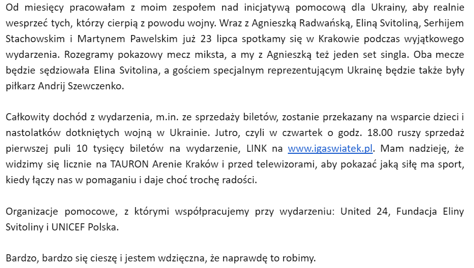 iga_swiatek's tweet photo. 🇺🇦 Od miesięcy pracowałam z moim zespołem nad inicjatywą pomocową dla Ukrainy, aby realnie wesprzeć tych, którzy cierpią z powodu wojny. 

🇺🇦 For months I have been working with my team on a charity initiative for Ukraine to support those who suffer because of the war...
MORE ⤵️ https://t.co/3MeOI3d1W1