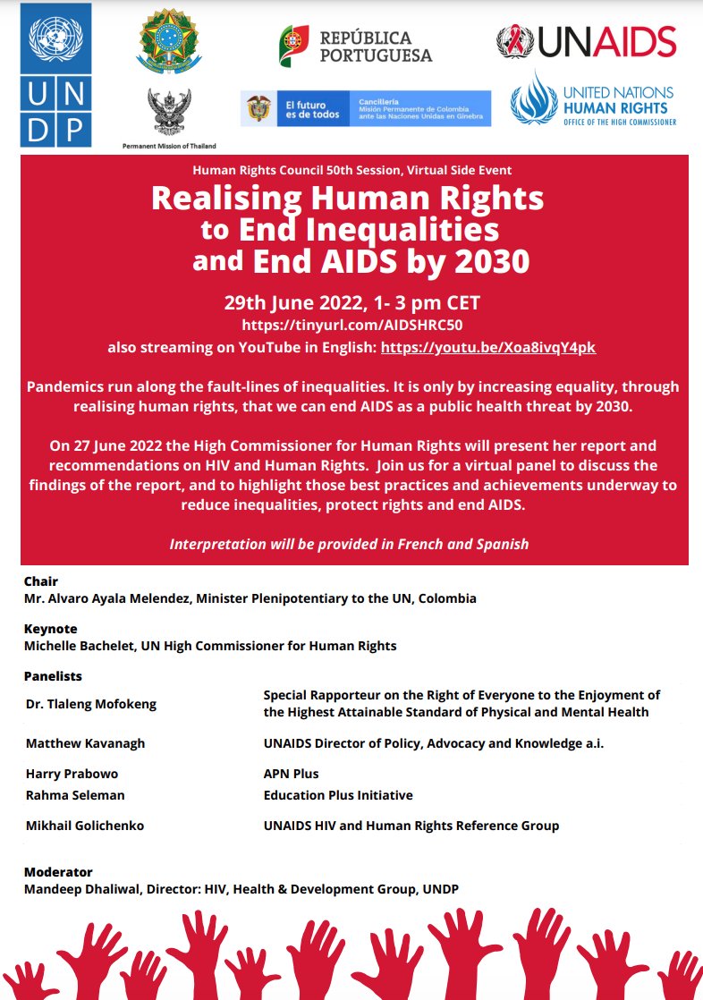 UNAIDS's tweet photo. Starting now!

Join us for an exciting panel discussion on the 
@UN_HumanRights report on HIV and human rights.

Speakers include @apnplus, @drtlaleng, @mbachelet and @MMKavanagh.

📺 https://t.co/3K2cXfOV3g https://t.co/R1ZmsQcFOE