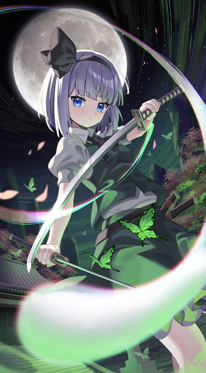 konpaku youmu 1girl weapon sword moon blue eyes solo skirt  illustration images