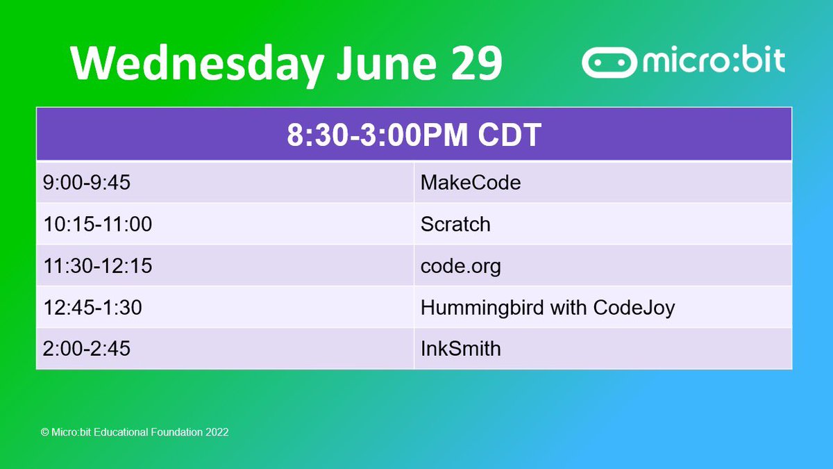 Todays workshops at #ISTELive  @microbit_edu booth 2840 @MSMakeCode @scratch @codeorg @CodeJoyEdu @birdbraintech @InkSmith3D @iste #ISTE #ISTELive22 #ISTE22 #ISTELive2022