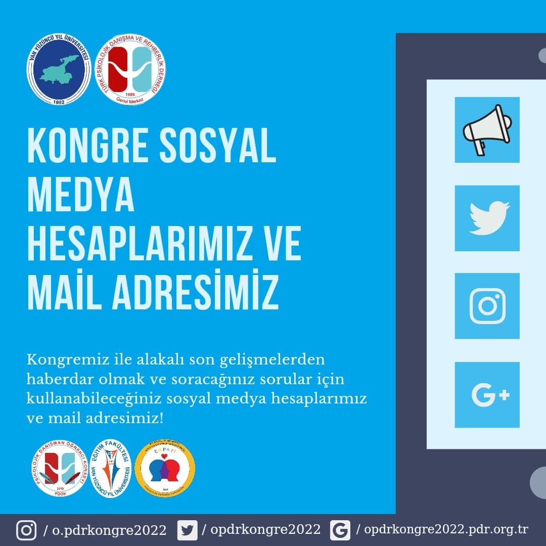 Değerli Psikolojik Danışma ve Rehberlik Ailesi,

Kongremiz ile alakalı son gelişmelerden haberdar olmak ve soracağınız sorular için sosyal medya hesaplarımızı takip edebilir ve mail adresimiz üzerinden bizlere ulaşabilirsiniz!