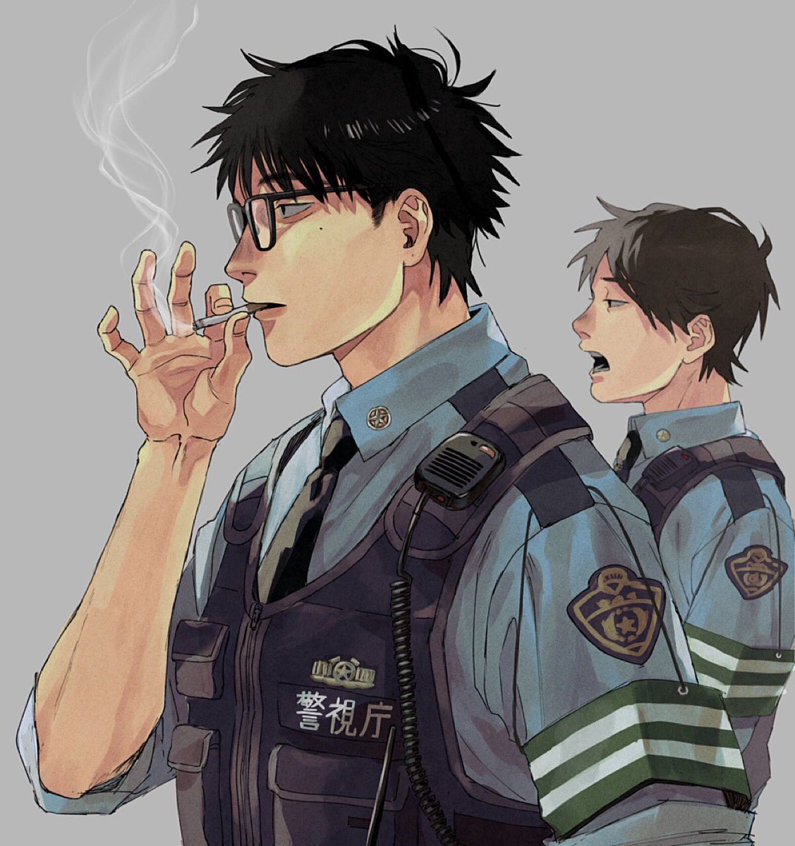 police police uniform cigarette uniform smoking 2boys multiple boys  illustration images