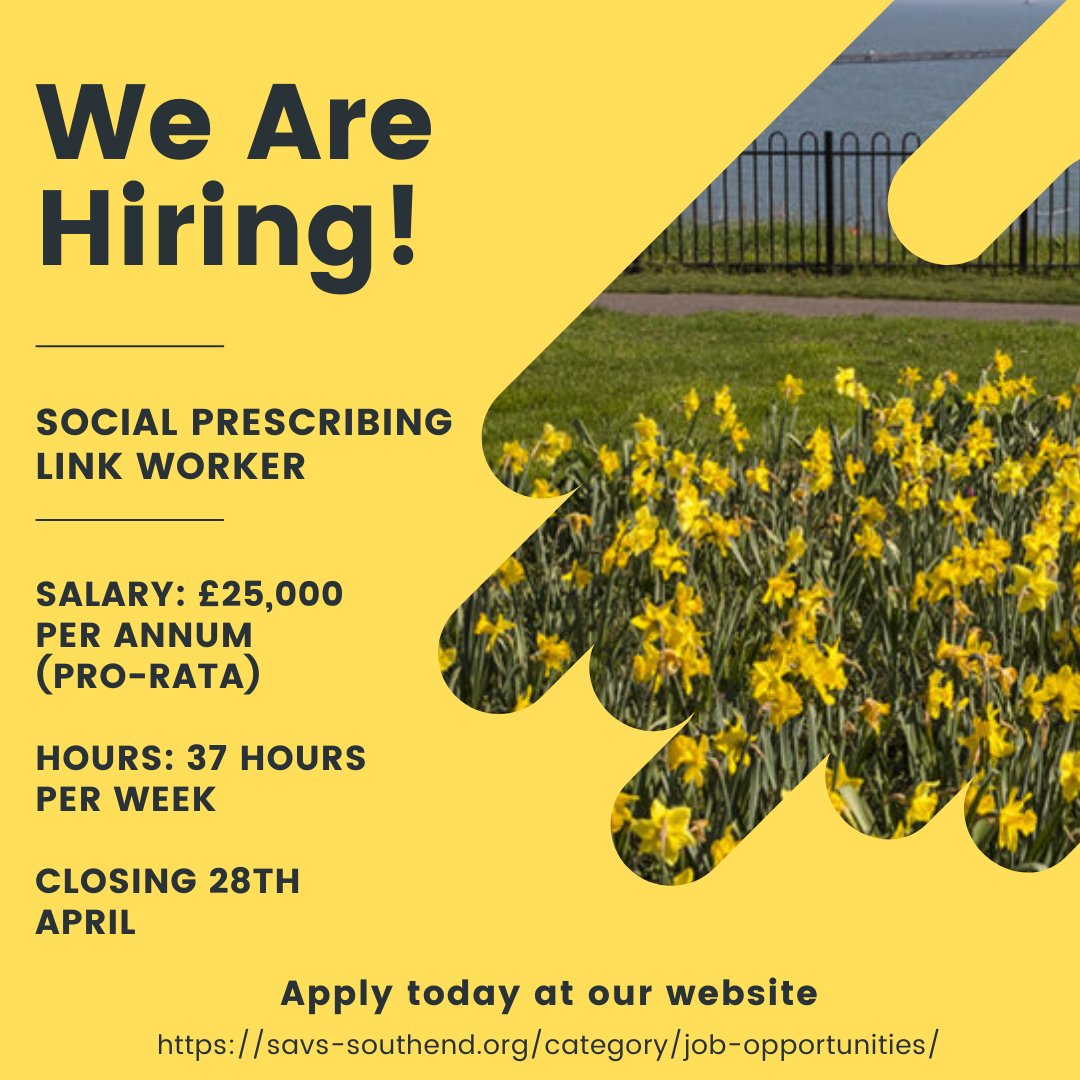 📢 We have a fantastic new opportunity available for you to become a Social Prescribing Link Worker in Southend. Find out more: bit.ly/3u9nozS

37 hours per week (to include some evening &amp; weekend working)
This post is funded until 31 March 2023
Salary: £22,500 per annum