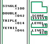 MasterVivace's tweet photo. In the #GameBoy version of #Jaleco's #TetrisPlus, I scored 999,999 points, I made at level 55, and I disappeared 410 completed lines. https://t.co/RCrvp7Hap7