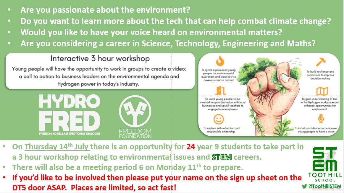 TootHillSTEM's tweet photo. New year 9 #STEM opportunity for any environmentalists or those interested in tech careers. #HydroFRED runs on 11th and 14th July. Sign up in DT5 now. #TootHillSTEM https://t.co/6uxooBhh2Y