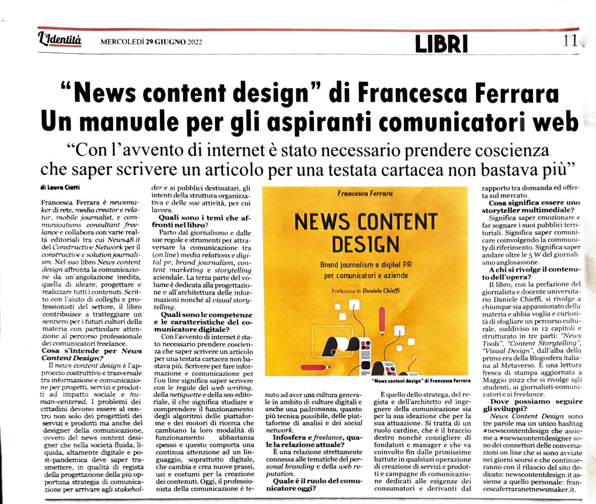 NewsContentDesign (@newscontentdes) on Twitter photo 🎤Oggi, in edicola sul quotidiano <a href="/lidentita/">lidentita</a> l'intervista a <a href="/netnewsmaker/">Francesca Ferrara - (IT- EN - ES)</a> sui temi affrontati nel suo libro 👉#NewsContentDesign e sulla figura del 👉#NewsContentDesigner
L'opera è edita da <a href="/DarioFlaccovio/">Dario Flaccovio Editore</a> con la prefazione di <a href="/DanieleChieffi/">Daniele Chieffi</a>
.
📲#netnewsmaker 🎤Oggi, in edicola sul quotidiano <a href="/lidentita/">lidentita</a> l'intervista a <a href="/netnewsmaker/">Francesca Ferrara - (IT- EN - ES)</a> sui temi affrontati nel suo libro 👉#NewsContentDesign e sulla figura del 👉#NewsContentDesigner
L'opera è edita da <a href="/DarioFlaccovio/">Dario Flaccovio Editore</a> con la prefazione di <a href="/DanieleChieffi/">Daniele Chieffi</a>
.
📲#netnewsmaker