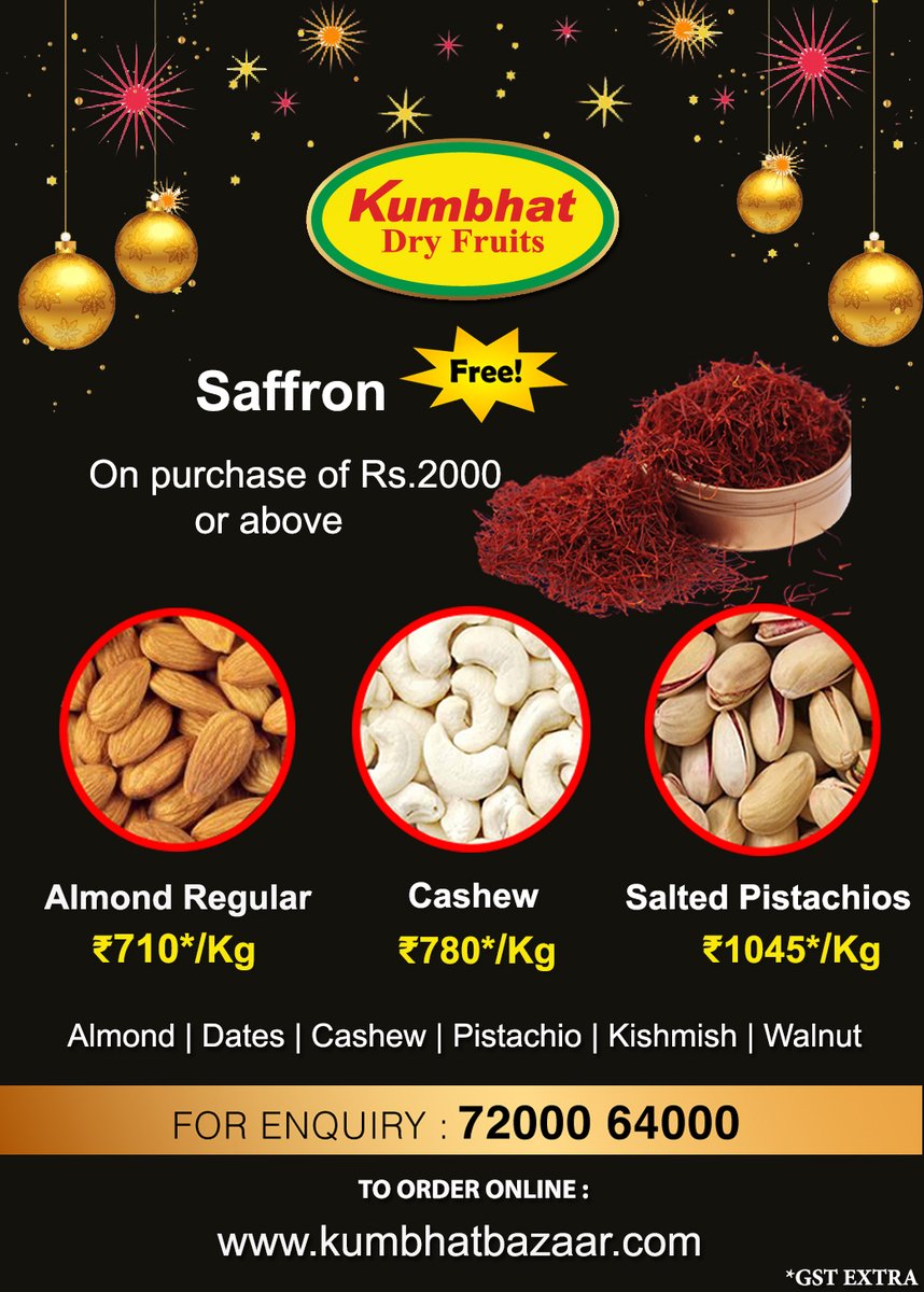 AdwordsMonty's tweet photo. 👉 Hurry up! Dry Fruits and Nuts Special Offer
👉 Free Saffron on all order over Rs 2000 Above
https://t.co/px4WsFjiHV

#dryfruits #dryfruitsandnuts #nuts #seeds #online #onlineshopping #onlineshoppingindia #specialoffer #nutsandseeds #almonds #cashews #dates #walnut https://t.co/FfR54ZvmQ1