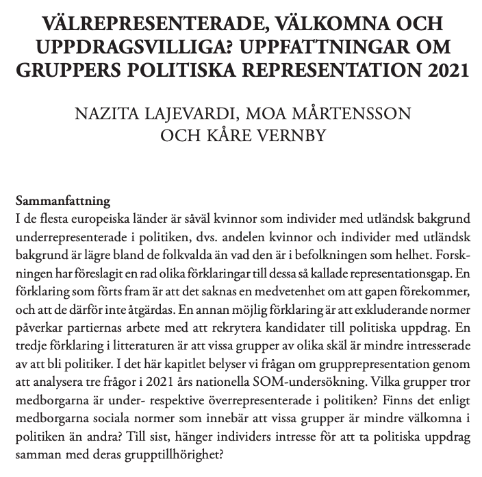 moamsson's tweet image. Ny forskarantologi från @SOMinstitutet! Läs kapitlet av @NazitaLajevardi, Kåre Vernby och mig där vi visar på bristande medvetenhet om att vissa grupper är underrepresenterade i svensk politik. Samma grupper förväntas vara mindre välkomna bland politiker: gu.se/sites/default/…