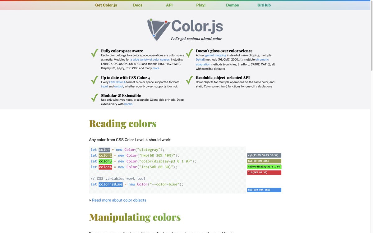 Dr Lea Verou (@leaverou) on Twitter photo This is big. After 2 years of hard work, <a href="/svgeesus/">Chris Lilley @svgeesus@mastodon.social</a> and I are finally “officially” releasing our library Color.js into the wild! 🌈🎨🎉
My blog post: lea.verou.me/2022/06/releas…
Chris’ blog post: svgees.us/blog/colorjs-r…
Color.js: colorjs.io
npm: npmjs.com/package/colorj… This is big. After 2 years of hard work, <a href="/svgeesus/">Chris Lilley @svgeesus@mastodon.social</a> and I are finally “officially” releasing our library Color.js into the wild! 🌈🎨🎉
My blog post: lea.verou.me/2022/06/releas…
Chris’ blog post: svgees.us/blog/colorjs-r…
Color.js: colorjs.io
npm: npmjs.com/package/colorj…