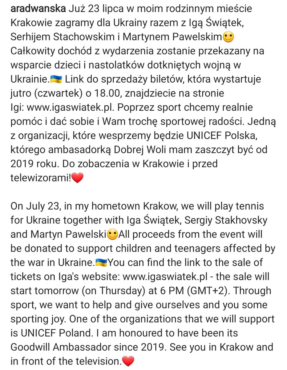 To będzie wyjątkowe wydarzenie!
Takiego nigdy dotąd nie bylo. 
Jestem zaszczycona ze będę tego dnia z tak wspaniałymi koleżankami i kolegami z kortu , grać w słusznej sprawie.
Siła sportu teraz nabiera jeszcze większego znaczenia.
Teraz jesteśmy razem dla Ukrainy.❤️