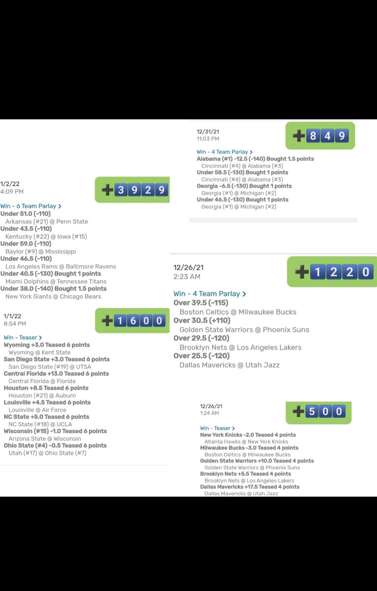 12/25-01/02/2021 
5️⃣-Parlays Wins, 
➕8️⃣0️⃣.9️⃣8️⃣units, 
 #XmasFootball #Chrismasketball #CFP #BowlSeason ...
#HolidayBetting