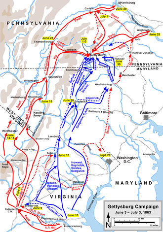 As the U.S. forces advanced, they kept between the rebel army and the nation's capital. By late June, the rebel advance reached the outskirts of Harrisburg, the Pennsylvania capital, when Lee ordered his scattered army to concentrate near the crossroads town of Gettysburg