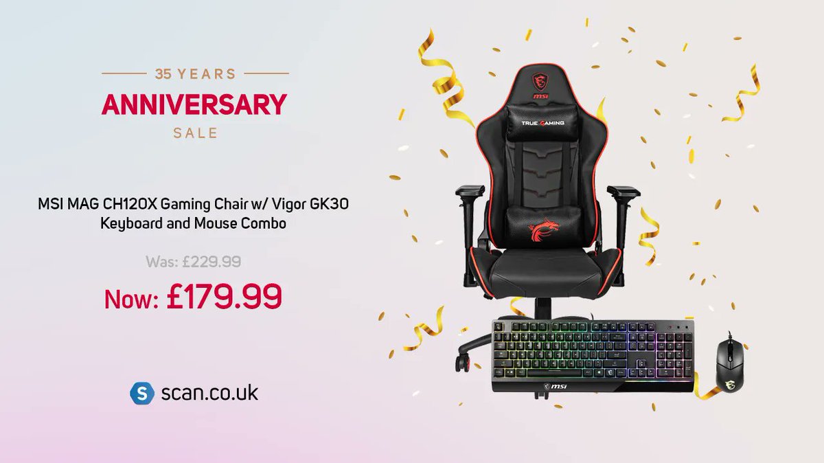 ScanComputers's tweet photo. Complete your setup! Save £60 on this MSI MAG CH120X Gaming Chair w/ Vigor GK30 Keyboard and Mouse Combo > https://t.co/oxoVNO7Hm1
Available from only £14.61 /month (APR 5.9%)* Minimum spend and terms apply.
Shop more offers > https://t.co/K5R93nrJnm
#Scanniversarysale35 #Est1987 https://t.co/xOWfyYsJFY