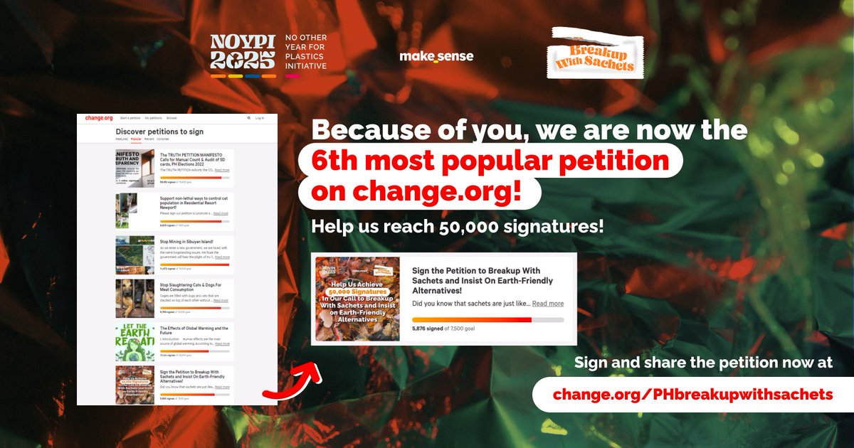 makesenseasia's tweet photo. Our petition to #BreakupWithSachets and call for Earth-friendly alternatives is now the 6th MOST POPULAR PETITION on @change. 👏💯
We still have a long way to achieve 50,000 signatures!
Sign and share the petition now at https://t.co/XS7VvxMFp0!
#NOYPI2025 #MakeSenseAsia https://t.co/7CsJQ1C6Xw