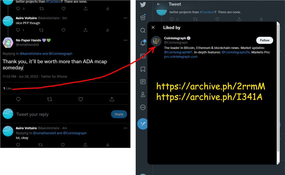 Ape 🌍 || "APE" (Pool) 🛰️ (@theadaape) on Twitter photo Someone at <a href="/Cointelegraph/">Cointelegraph</a> slipped up. Here they are liking a comment from someone saying $ADA shouldn’t be in the top 50 & should be worth less than an NFT project. They were supposed to keep their #cardano suppression secret. No other comments in the thread liked. Whoops. Someone at <a href="/Cointelegraph/">Cointelegraph</a> slipped up. Here they are liking a comment from someone saying $ADA shouldn’t be in the top 50 & should be worth less than an NFT project. They were supposed to keep their #cardano suppression secret. No other comments in the thread liked. Whoops.