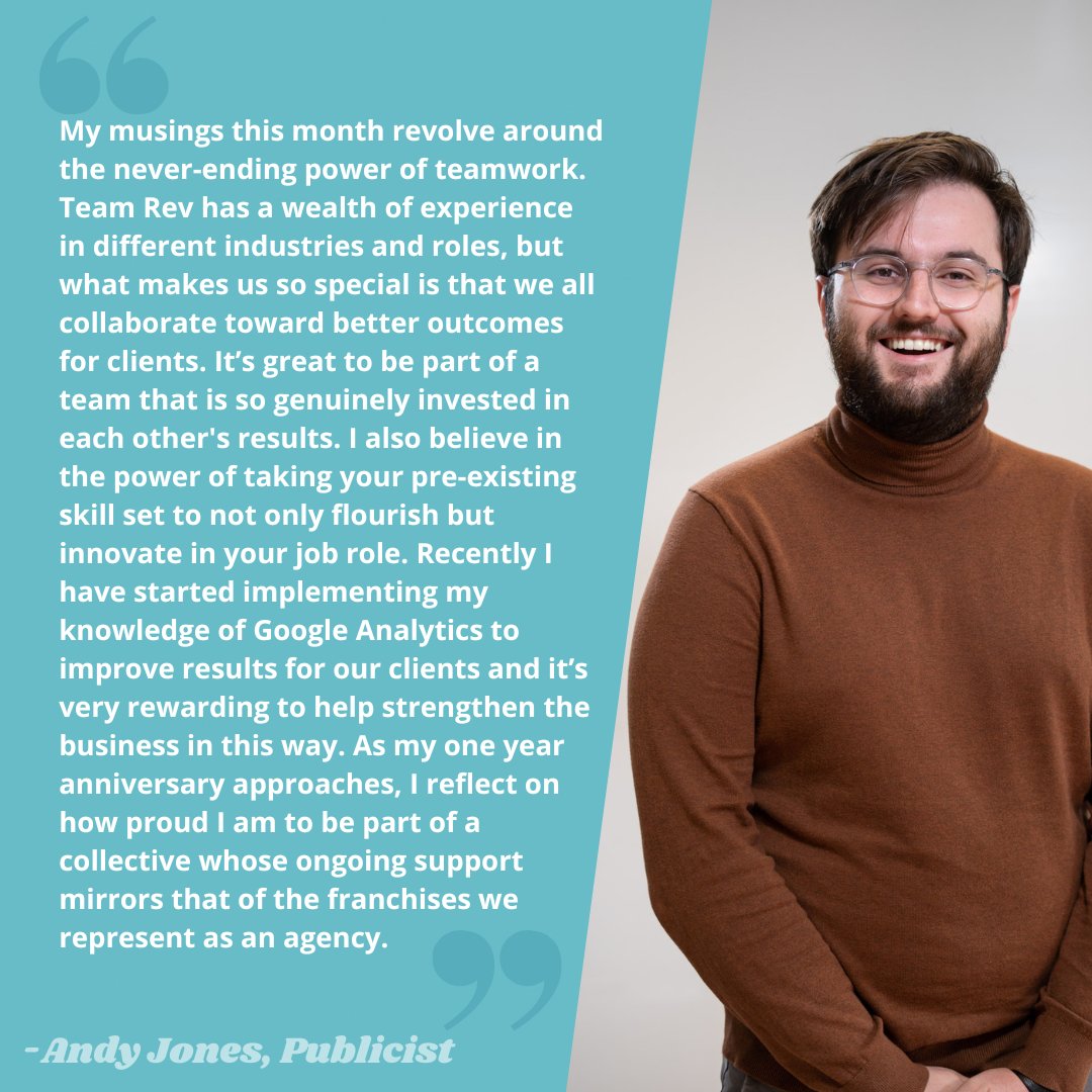 RevPRuk's tweet photo. It's nearly the end of another month and time to ask a member of the team to share a bit of a useful snapshot of their RevPR journey so far. Today, it's the turn of one of our extremely hardworking publicists, Andy Jones.
#TeamRev #PRadvice #Learning #Franchise #FranchisePR https://t.co/A9jXQ5CLks