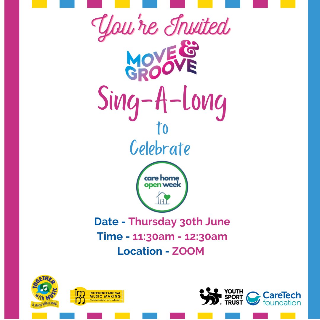 ❤This week is  #carehomeopenweek to celebrate we are inviting you to join us for a very special online party and sing-a-long TOMORROW!
Tickets can be booked using the link below and are free.
eventbrite.co.uk/e/move-and-gro…

@YouthSportTrust @ChampioningCare 
@IMMmusicUK