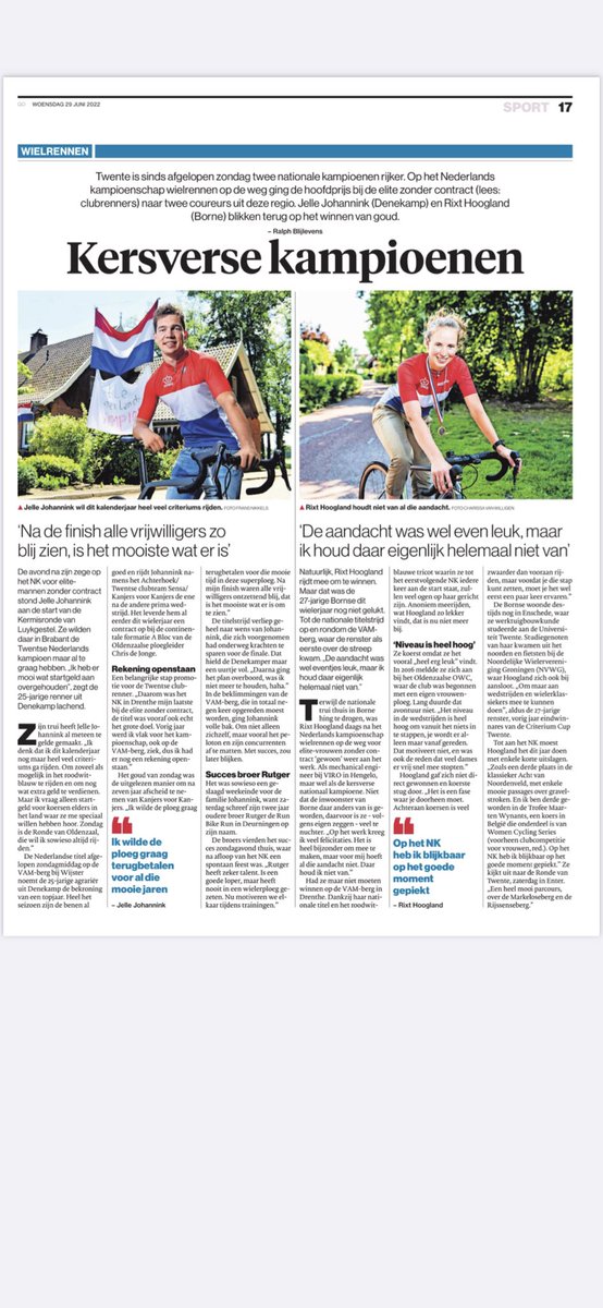Een mooi artikel in Tubantia over de twee Nederlandse kampioenen die aanstaande vrijdag in Leek aan de start staan! ⁦<a href="/kanjers/">Kanjers voor Kanjers</a>⁩ ⁦<a href="/NWVGuplus/">NWVG-uplus</a>⁩ ⁦<a href="/meerdaagse/">Amysoft Wielermeerdaagse</a>⁩ ⁦<a href="/InfoLeek/">InfoLeek.nl</a>⁩ #westerkwartier #leek
