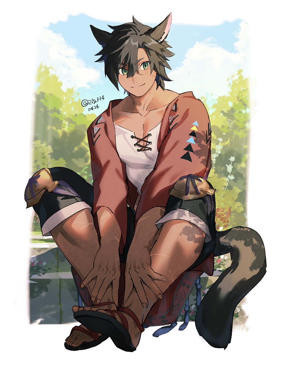 avatar (ff14) 1boy male focus tank top toned male animal ears scar on arm cat boy  illustration images