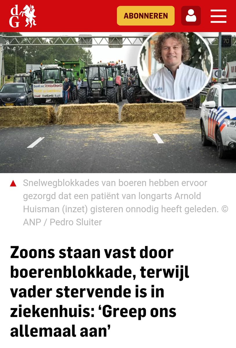Kippenvel... 
#Protestboeren hebben gisteren een stervende longpatiënt onnodig laten lijden, vertelt een longarts van ziekenhuis Isala in #Zwolle. ,,Drie zoons zaten vast op de snelweg: ze konden niet verder door blokkades die #boeren hadden opgeworpen.’’ gelderlander.nl/home/zoons-sta…
