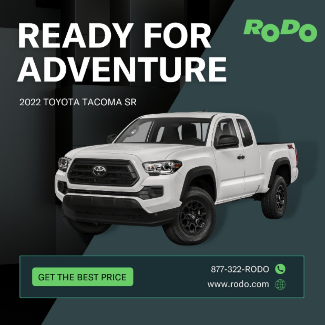 DriveRodo's tweet photo. Get ready for a new adventure with this 2022 Toyota Tacoma SR with Rodo!

🚗 Link in Bio. 📲

#driverodo #leasecar #cars #lease #car #newcar #carleasing #dreamcar #automotive #leasedeal #financecar  #tacoma #carsales #carshopping #carbuying https://t.co/S4jGGIahJD