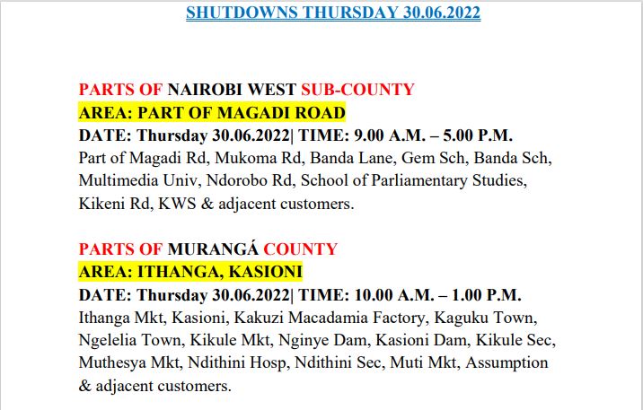 KenyaPower_Care's tweet photo. Good Evening, the following areas are on scheduled maintenance tomorrow, Thursday 30.06.2022. ^CM https://t.co/NOsxeQiGYi