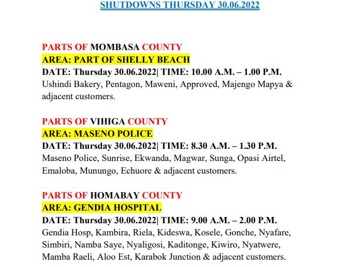KenyaPower_Care's tweet photo. Good Evening, the following areas are on scheduled maintenance tomorrow, Thursday 30.06.2022. ^CM https://t.co/NOsxeQiGYi