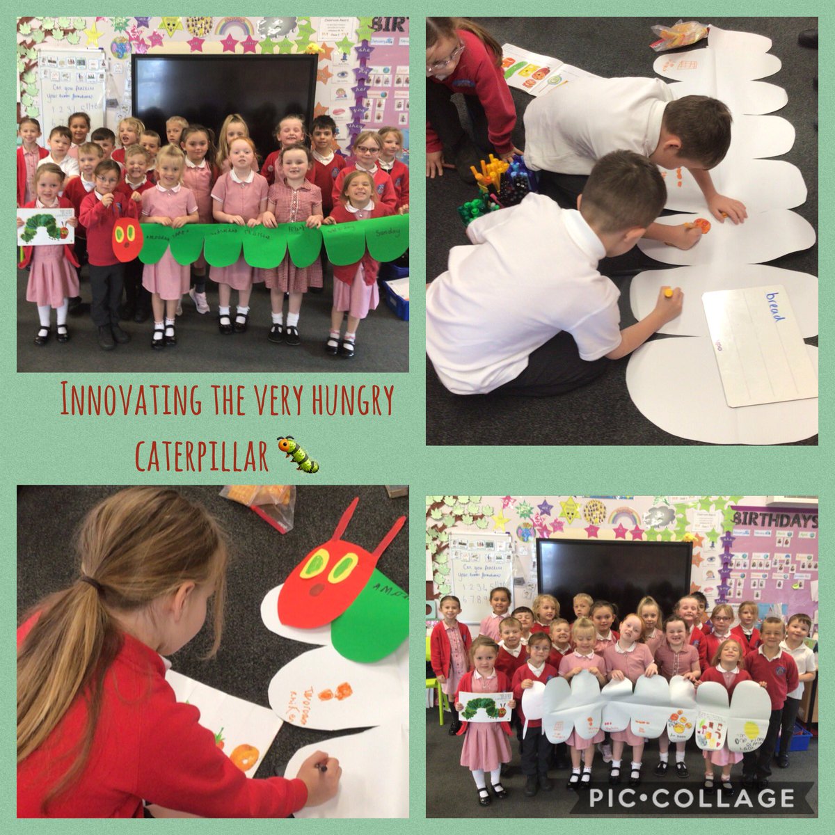 ClassClifton's tweet photo. On Monday we innovated the food The Very Hungry Caterpillar ate, our favourite day was Saturday because he went to a BBQ and ate all the food! Then he finished eating on Sunday with a pineapple leaf 🍍. The children had some wonderful ideas well done 😊. https://t.co/xRlNpOuGV3