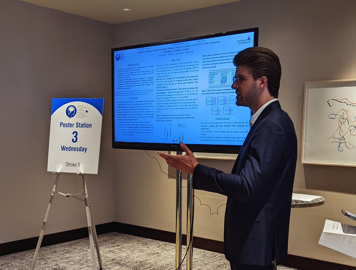 Congratulations to future Neurology resident Vincent Brissette for presenting our study on 911 stroke activations following FAST awareness campaigns in Montreal, Quebec at CNSF today! @CNSFNeuroLinks @VincentBrisset1 @B_Rioux @coeuretavc @ChumNeuro