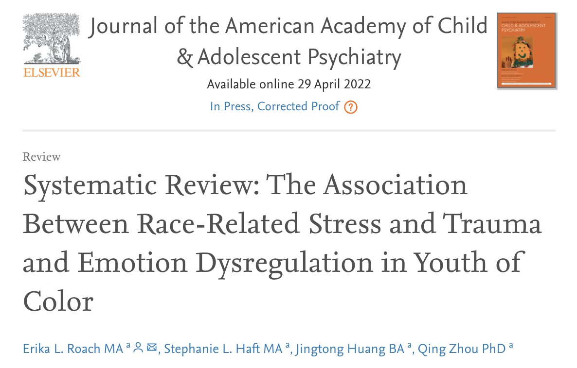 🚨 Our paper is out in <a href="/JAACAP/">JAACAP Journals</a>! ID’ing the link btwn racial stress and trauma and specific psychological processes is important for treatment. We studied the assoc btwn diff types of RST and emotion dysregulation in youth of color...(1/) <a href="/stephanie_haft/">Stephanie Haft</a> 
doi.org/10.1016/j.jaac…
