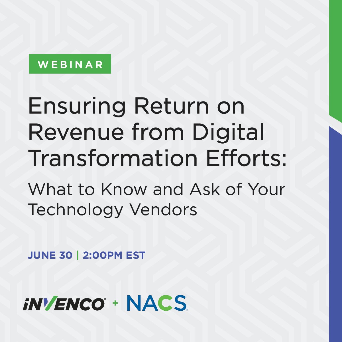 Happening tomorrow! Register for the Invenco and <a href="/NACSonline/">NACS</a> webinar! Thursday, June 30 @ 2PM EST.

Ensuring Return on Revenue from Digital Transformation Efforts: What to Know and Ask of your Technology Vendors

ow.ly/Haym50JqBfu