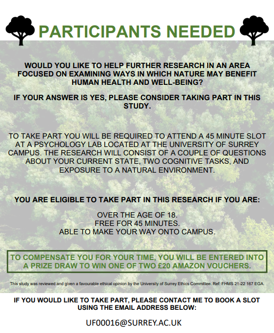 sadhanaj9's tweet photo. Please consider taking part in this MSc research on Health and Wellbeing benefits of Nature at the University of Surrey.
Contact @FydrychUla to book a slot!
#MScresearch #environmentalpsychology https://t.co/eFhiqCPb3z